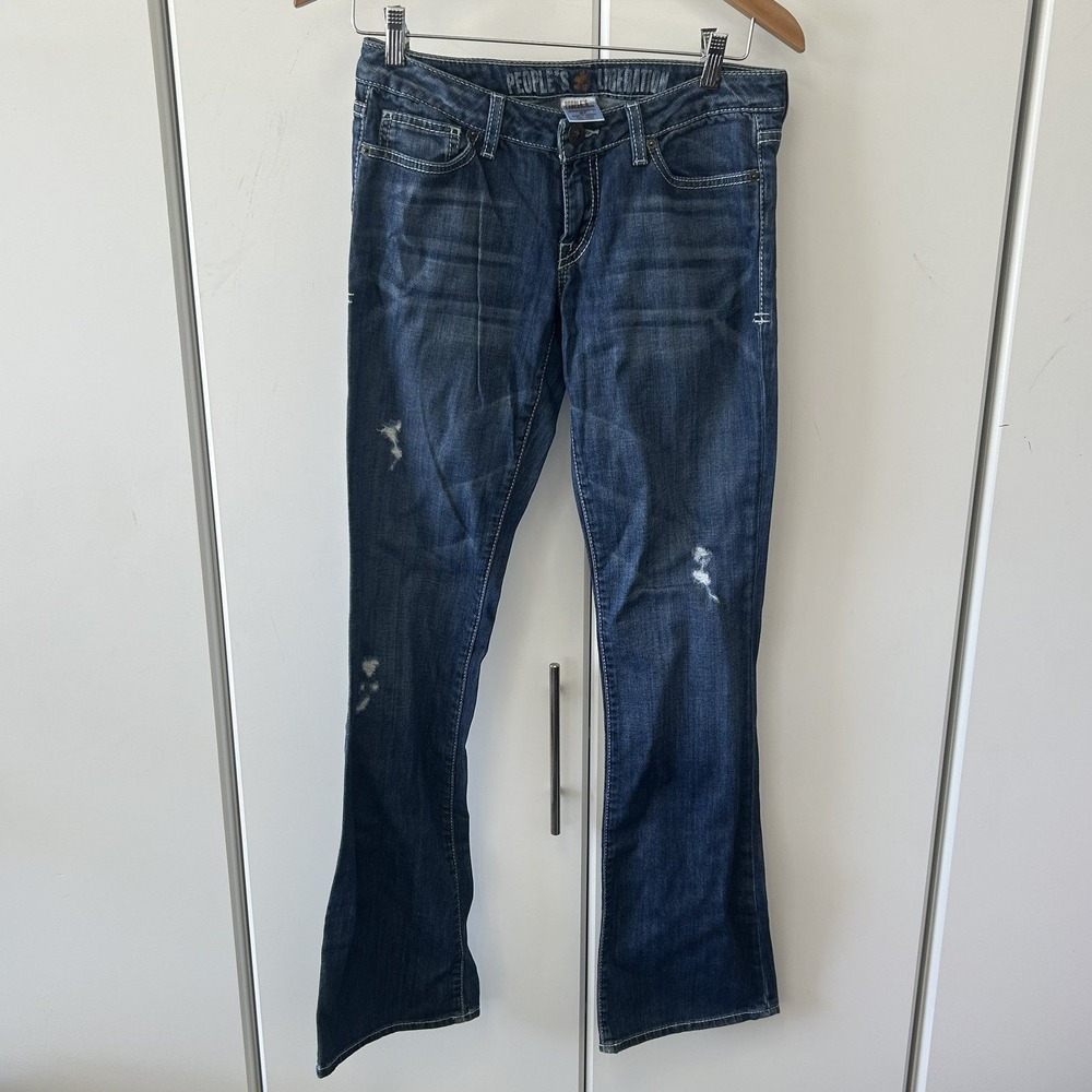 Peoples Liberation Womens Bootcut Jeans Dark Wash Distressed P5275A1 396 Size 27